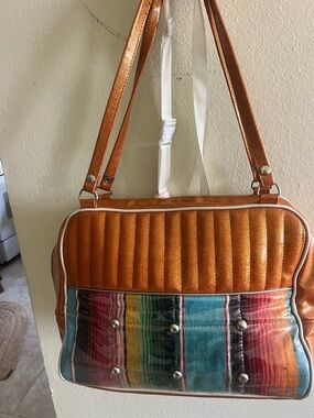 Metallic Orange Quilted Shoulder Bag with Multicolor Front Panel